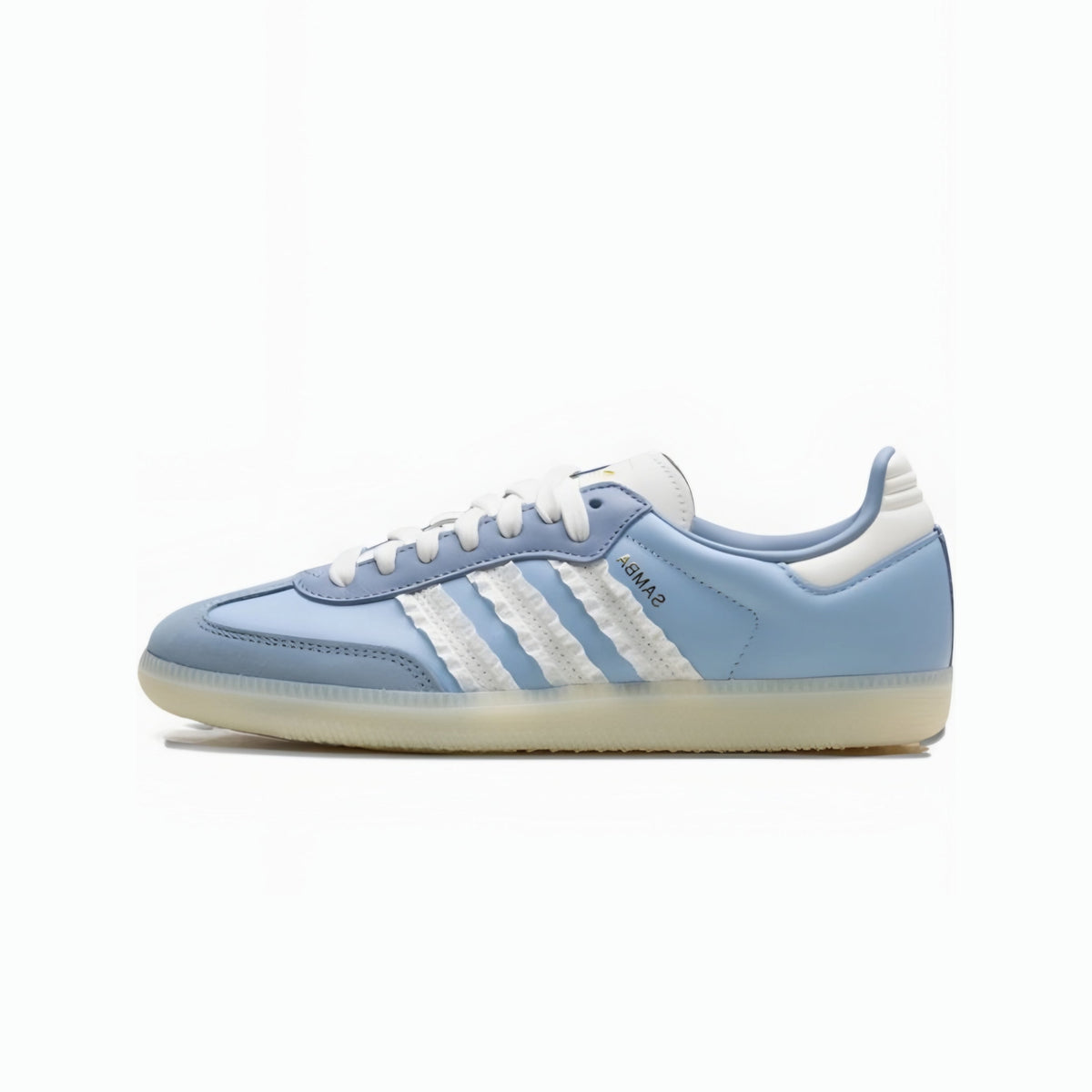 A light blue Adidas Samba sneaker with white three-stripes, white laces, and a white heel tab, set against a plain white background.