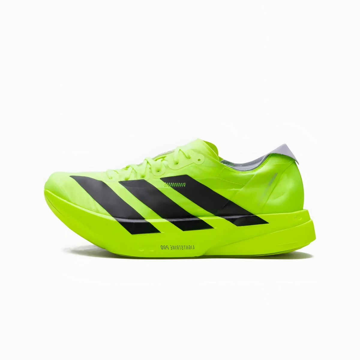 A single Adidas running shoe in neon yellow-green with three black stripes on the side, shown in profile against a clean white background.