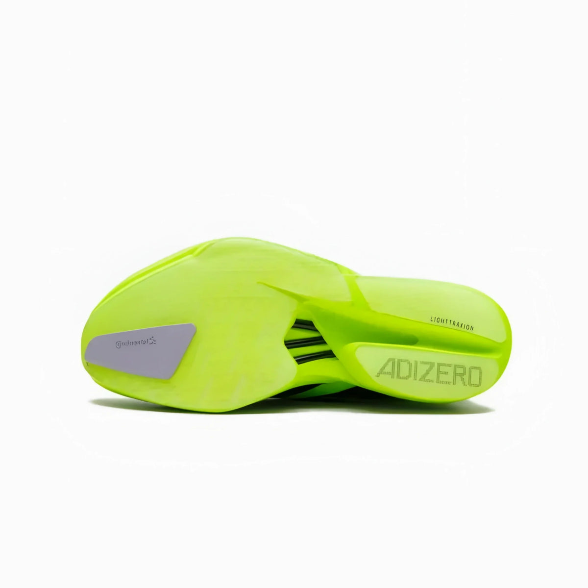 A bright neon yellow-green cycling shoe sole shown from a side profile view on a clean white background. The sole features the brand name 'ADIZERO' in matching neon yellow-green on the heel, a gray textured plate on the toe, and three black ventilation slots.