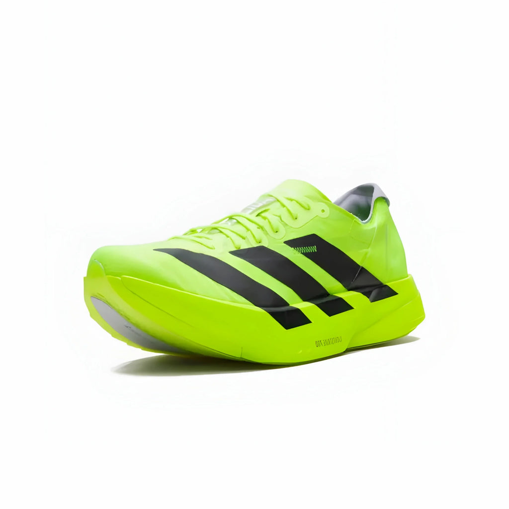 A single Adidas running shoe in neon yellow-green with three black stripes, shown from a side profile on a clean white background.
