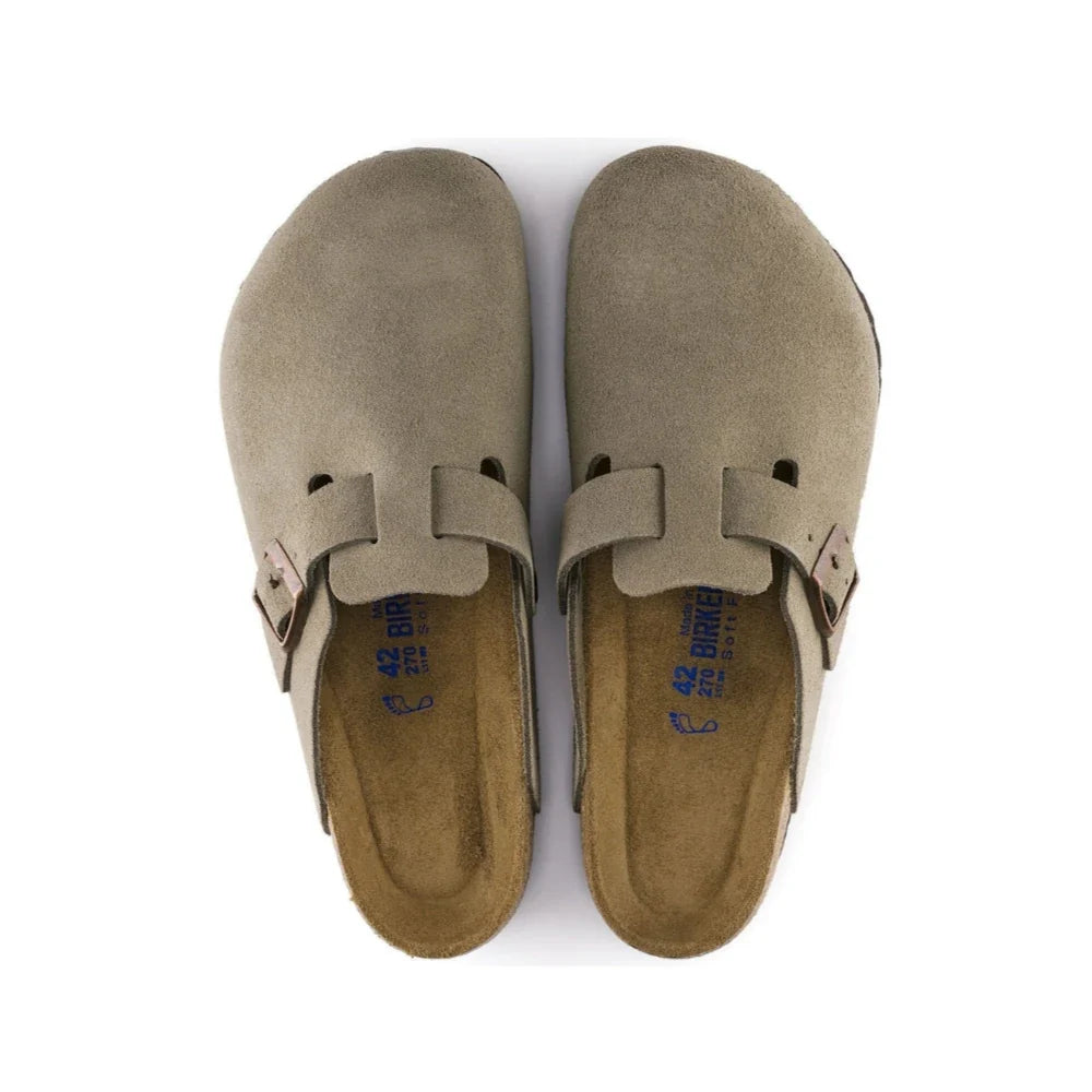 A pair of Birkenstock Bungee clogs in taupe suede, shown from a top-down view on a white background.