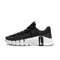 Black running shoe with white sole on a light gray background