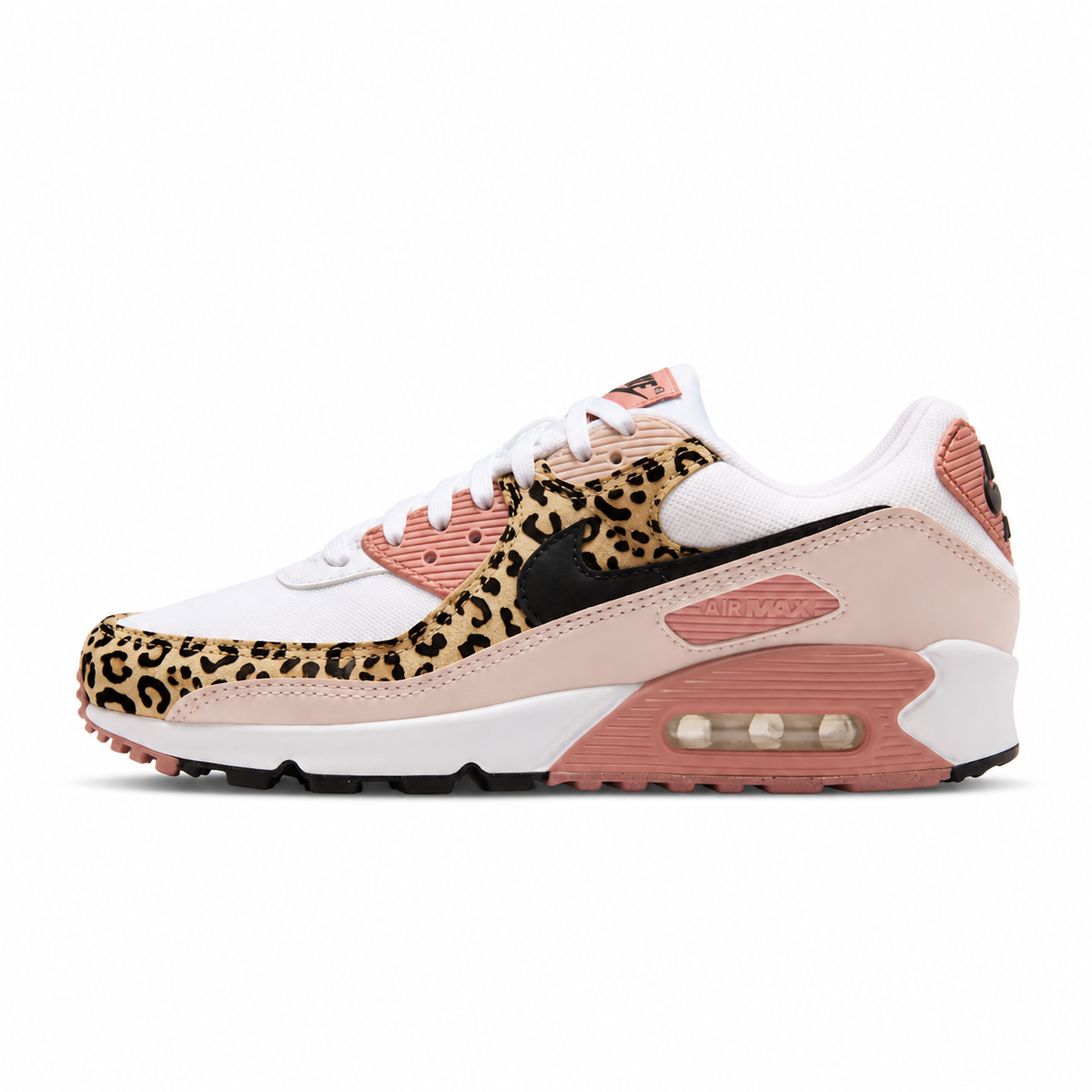 A Nike Air Max 90 sneaker featuring a leopard print pattern on the toe box and Swoosh, with a light pink and white upper, white laces, and a pink Air Max sole.
